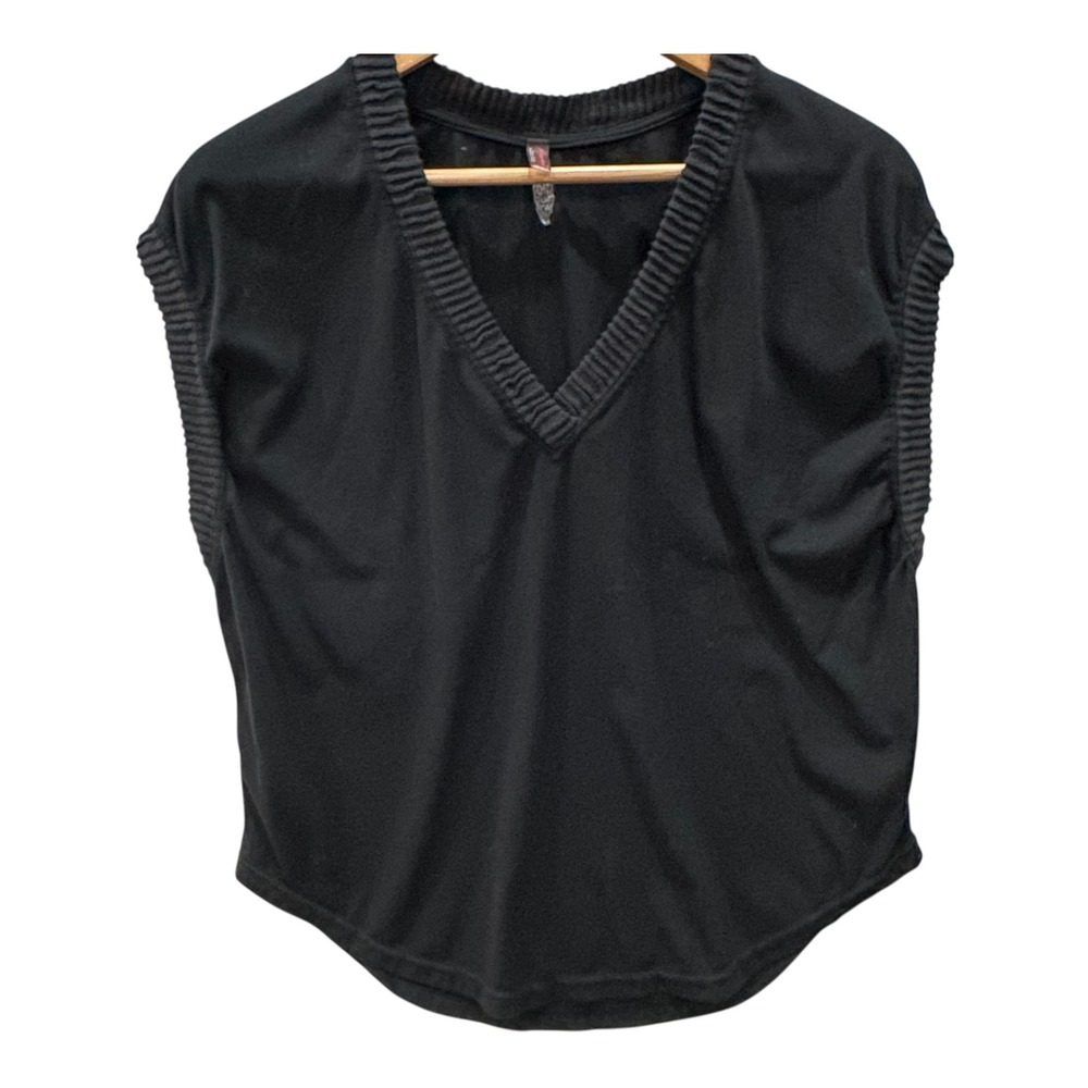 FP Movement Free People Clifftop V-Neck Easy Tee Black Ribbed Muscle Top Small